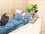 absurd_res anthro bath bathing bathroom big_breasts big_butt breasts brown_body brown_fur butt duo eevee eeveelution eyes_closed fan_character fangs felid female fur generation_1_pokemon green_hair grey_body grey_fur hair hi_res japy7u7 male male/female mammal nintendo nude pokemon pokemon_(species) saber-toothed_tiger sabertooth_(anatomy) shiny_pokemon sleeping smile tail teeth thick_thighs water wet white_body white_fur wide_hips yellow_body yellow_fur