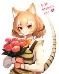  1girl animal_ears animal_print apron bow bowtie brown_eyes brown_hair extra_ears flower highres jack4l japari_symbol kemono_friends looking_at_viewer shirt short_hair simple_background solo tail thylacine_(kemono_friends) tiger_ears tiger_girl tiger_print tiger_tail upper_body 