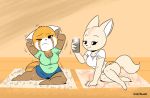  2019 aggressive_retsuko ailurid anthro bedroom_eyes bottomwear breasts brown_fur canid canine cellphone cleavage clothed clothing digital_media_(artwork) duo female fennec fenneko fox frown fur gym_clothes half-closed_eyes hi_res joaoppereiraus mammal navel orange_fur phone pose red_panda retsuko sanrio seductive shorts slightly_chubby smile sweat tan_fur 