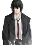 1boy black_hair black_jacket brown_eyes character_request check_copyright closed_mouth collared_shirt commentary_request copyright_request dokomon empty_eyes gungrave hair_between_eyes half-closed_eyes highres jacket korean_commentary male_focus necktie open_clothes open_jacket red_necktie shirt simple_background sketch solo suit white_background white_shirt 