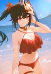  1girl 95--- absurdres alternate_costume bare_shoulders bell bikini black_hair blue_sky blurry bokeh breasts choker cleavage commentary_request cowboy_shot depth_of_field fox_mask hair_ornament hand_up highres honkai:_star_rail honkai_(series) horizon long_hair looking_at_viewer mask mask_on_head medium_breasts mole mole_under_each_eye mole_under_eye multiple_moles navel neck_bell ocean outdoors pink_eyes red_bikini red_choker red_wristband sky solo sparkle_(honkai:_star_rail) stomach swimsuit thigh_strap twintails 