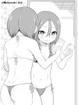  1girl artist_name ass bikini braid breasts greyscale hair_between_eyes highres holding holding_phone indoors long_hair looking_at_mirror mirror monochrome navel nekosaki phone selfie side-tie_bikini_bottom small_breasts solo soredemo_ayumu_wa_yosetekuru standing swimsuit yaotome_urushi 