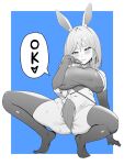  1girl animal_ear_fluff animal_ears blush bodysuit braid braided_ponytail breasts covering_privates greyscale halterneck highres hololive large_breasts long_hair looking_at_viewer mature_female monochrome navel pekomama rabbit_ears rabbit_girl single_braid solo speech_bubble squatting taut_bodysuit taut_clothes thick_eyebrows thighhighs tomi27 virtual_youtuber 