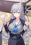  1girl aran_sweater belt black_belt black_jacket black_ribbon blue_bracelet blush bracelet breasts bronya_zaychik bronya_zaychik_(silverwing:_n-ex) cable_knit cleavage closed_mouth collarbone drink earrings grey_eyes grey_hair grey_sweater highres holding holding_drink honkai_(series) honkai_impact_3rd indoors jacket jewelry lanyard large_breasts lazy_yuanying long_hair long_sleeves looking_at_viewer open_clothes open_jacket red_pupils ribbed_sweater ribbon solo sweater upper_body very_long_hair 
