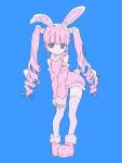  1girl animal_ears bare_shoulders blue_background blue_eyes bright_pupils detached_sleeves dress drill_hair full_body fur-trimmed_footwear fur_trim highres leaning_forward long_hair long_sleeves looking_at_viewer mochu_(aoishikabane) original parted_lips petite pink_dress pink_footwear pink_hair pink_sleeves rabbit_ears rabbit_tail shoes short_dress sidelocks simple_background sleeves_past_wrists solo standing tail thighhighs twin_drills twintails white_pupils white_thighhighs 