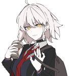  1girl ahoge bag blazer choker cup earrings fate/grand_order fate_(series) highres jacket jeanne_d&#039;arc_alter_(avenger)_(fate) jeanne_d&#039;arc_alter_(fate) jewelry jitome lips medium_hair necktie pale_skin red_nails red_necktie ri_o_ne_su simple_background solo stud_earrings sweater white_background wind yellow_eyes 
