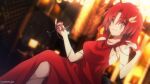 1girl absurdres armpits blaise_shinryu blurry blurry_background breasts brown_eyes closed_mouth collarbone copyright_notice cup dress drinking_glass eien_project highres holding holding_cup long_hair nekoromancer red_dress red_hair red_wine scar scar_across_eye sleeveless sleeveless_dress solo virtual_youtuber wine_glass wing_hair_ornament 