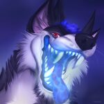 anthro blue_mouth bodily_fluids breath canid canine canis claws demon demonic demonic_eyes dire_wolf dripping evil_grin fangs fur glistening grey_body grey_fur hi_res horn male male_pred mammal mouth_shot myth_(mythdawuff) open_mouth pupils red_eyes saliva saliva_on_tongue saliva_string smile teeth themikefox tongue tongue_out vore wolf wolf_demon