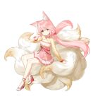  1girl alternate_hair_color animal_ear_fluff animal_ears ankle_bell arm_support bow cleavage_cutout closed_mouth closers clothing_cutout dress flat_chest fox_ears fox_girl fox_shadow_puppet fox_tail full_body hair_bow hand_up high_heels highres kitsune kyuubi layered_dress long_hair long_sleeves looking_at_viewer low_twintails lucy_(closers) multiple_tails official_art pink_bow pink_dress pink_hair see-through see-through_sleeves sitting sitting_on_tail smile solo tachi-e tail twintails two-tone_dress wedge_heels white_background white_footwear yellow_dress yellow_eyes yellow_sleeves yellow_tail 
