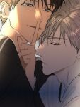  2boys black_shirt brown_eyes brown_hair closed_eyes deokeundae612 finger_to_mouth highres ilay_riegrow jeong_taeui light_smile looking_at_viewer male_focus multiple_boys passion_(manhwa) portrait shirt shushing sleeping sunlight white_hair white_shirt yaoi 