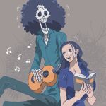  +++ 1boy 1girl afro blue_shirt book brook_(one_piece) collared_shirt commentary_request hair_slicked_back highres holding holding_book holding_instrument instrument laughing long_hair looking_at_another looking_up musical_note nico_robin one_piece shirt sidelocks sitting smile teeth tomatop ukulele upper_teeth_only 
