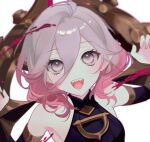  1girl :d ahoge bare_shoulders breasts briar_(league_of_legends) detached_sleeves grey_eyes hair_between_eyes hands_up league_of_legends long_sleeves medium_hair pink_hair sharp_teeth small_breasts smile solo teeth upper_teeth_only white_background yeju_(infusetiquette) 