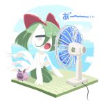  closed_eyes colored_skin electric_fan green_hair hair_over_one_eye highres horns ino_(tellu0120) kirlia multicolored_skin on_floor open_mouth pokemon pokemon_(creature) sidelocks summer sweat tatami two-tone_skin white_skin 