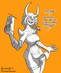 absurd_res anthro breasts clothed clothing demon drasha69 female hair hi_res horn looking_at_viewer monster open_mouth simple_background smile solo teeth