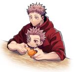  2boys chibi closed_mouth ear_piercing eating extra_eyes facial_tattoo food fruit highres hood hoodie itadori_yuuji jujutsu_kaisen male_focus multiple_boys orange_(fruit) peeling piercing pink_hair red_eyes red_hoodie ryoumen_sukuna_(jujutsu_kaisen) ryoumen_sukuna_(true_form)_(jujutsu_kaisen) scar scar_on_face short_hair simple_background table tattoo upper_body white_background wooden_table yellow_eyes yu_(luvme_tir4353) 