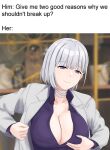  1girl bandaged_neck bandages blurry blurry_background breasts business_suit cleavage closed_mouth collarbone cyka english_text formal girls&#039;_frontline grey_hair grey_suit highres large_breasts long_sleeves looking_at_viewer meme office_lady official_alternate_costume purple_eyes purple_shirt rpk-16_(girls&#039;_frontline) rpk-16_(renate)_(girls&#039;_frontline) shirt short_hair skirt smile solo suit upper_body 
