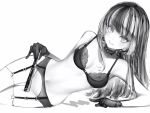  1girl bare_arms bare_shoulders blunt_bangs bra breasts choker covering_crotch covering_privates folding_fan garter_belt gloves greyscale hand_fan highres holding holding_fan hololive juufuutei_raden lace lace_bra lingerie looking_at_viewer lying monochrome multicolored_hair nanashi_(nlo) no_panties on_side parted_lips simple_background small_breasts smile solo streaked_hair thigh_gap thighhighs underwear 
