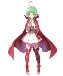  1girl ahoge boots braid brown_gloves cape dress fire_emblem fire_emblem:_kakusei fire_emblem_heroes fur_trim gloves green_hair highres long_hair mamkute nn_(fire_emblem) official_art pointy_ears red_cape red_footwear short_dress solo thigh_boots thighhighs transparent_background twin_braids twintails 