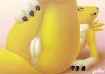 3_fingers anus brown_nose claws digimon digimon_(species) female fluffy fluffy_tail fur haiiromon legs_up looking_at_viewer nude open_mouth presenting presenting_pussy pussy renamon snout solo tongue white_fur yellow_fur 