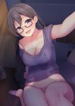  1girl arm_support black_hair bra bra_peek breasts cleavage commentary_request glasses highres indoors large_breasts long_hair looking_at_viewer mole mole_under_eye momoirone no_pants original panties purple_eyes semi-rimless_eyewear shirt sitting solo t-shirt underwear wariza wet 