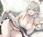  bed bikini blanket blue_eyes braid breasts commentary_request dress elf large_breasts original panties pointy_ears see-through smile stomach swimsuit thick_thighs thighhighs thighs tomoo_(tomo) underwear white_bikini white_dress white_hair white_panties white_thighhighs 