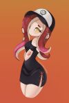  1girl artist_name baseball_cap black_dress cephalopod_eyes commentary cropped_legs cross-laced_slit crossed_arms dedf1sh dress ear_piercing earrings english_commentary eyelashes hat highres infamousavages jewelry long_hair octoling orange_background piercing print_headwear red_hair side_slit simple_background solo splatoon_(series) splatoon_3 splatoon_3:_side_order tentacle_hair yellow_pupils 