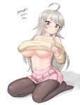  absurdres ahoge black_pantyhose breasts clothes_lift dated grey_eyes grey_hair highres kantai_collection large_breasts long_hair maru_(marg0613) off-shoulder_sweater off_shoulder official_alternate_costume pantyhose pink_skirt pleated_skirt seiza simple_background sitting skirt sweater sweater_lift twitter_username underboob washington_(kancolle) white_background yellow_sweater 