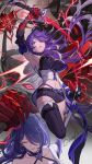  1girl acheron_(honkai:_star_rail) arm_up armpits breasts citemer commentary_request highres holding holding_sword holding_weapon honkai:_star_rail honkai_(series) katana large_breasts long_hair looking_at_viewer midriff multiple_views navel purple_eyes purple_hair scabbard sheath single_bare_shoulder stomach sword thighs very_long_hair weapon 