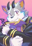 anthro belphegor_(tas) blush book canid canine canis clothing daihukudokoro demon fur gloves grey_body grey_fur handwear hi_res horn lifewonders looking_at_viewer male mammal slightly_chubby solo suit tokyo_afterschool_summoners wolf yellow_eyes