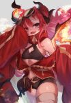  1girl bandaged_leg bandages belt_pouch black_shorts blue_eyes breasts cleavage dragon_girl dragon_horns dragon_wings fang fire goggles goggles_on_head highres horns jacket long_hair looking_at_viewer m0_chi multicolored_hair navel open_mouth phase_connect pointy_ears pouch red_hair red_jacket saya_sairroxs short_shorts shorts skin_fang skindentation sleeves_past_fingers sleeves_past_wrists small_breasts smile solo streaked_hair virtual_youtuber white_hair wings 