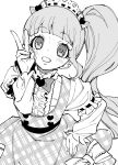  1girl :d anchiki_shou archived_source bad_id bad_twitter_id blunt_bangs blush bow center_frills cowboy_shot frills greyscale hand_on_own_hip hand_up heart highres image_sample long_hair long_sleeves looking_at_viewer manaka_non monochrome open_mouth pretty_series pripara puffy_sleeves side_ponytail simple_background smile solo standing twitter_sample v white_background 