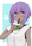  !! 1girl blue_background closed_mouth cup dark_skin disposable_cup drinking drinking_straw fate/prototype fate/prototype:_fragments_of_blue_and_silver fate_(series) hassan_of_serenity_(fate) holding holding_cup i.u.y looking_at_viewer purple_eyes purple_hair shirt sleeveless sleeveless_shirt solo two-tone_background upper_body white_background white_shirt 