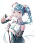  1girl aqua_eyes aqua_hair bare_shoulders blue_eyes blue_hair blush detached_sleeves hair_ornament hatsune_miku highres long_hair looking_at_viewer miku_day monjja necktie open_mouth shirt simple_background sleeveless smile solo twintails very_long_hair vocaloid 