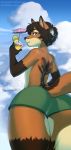  2019 5_fingers ambiguous_gender big_butt black_nose brown_hair butt butt_focus canid canine day digital_media_(artwork) fox fur green_eyes hair hi_res kittydee looking_at_viewer mammal orange_fur outside sky smile solo 