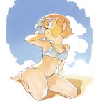  1girl arm_behind_head arm_support arm_up bare_legs bare_shoulders barefoot beach bikini blonde_hair blue_sky blunt_bangs breasts cleavage closed_mouth collarbone commentary_request full_body highres inkling inkling_girl inkling_player_character looking_to_the_side medium_breasts multicolored_hair navel orange_eyes orange_hair pointy_ears sand serious short_hair sitting sky solo splatoon_(series) stomach sumi_ko888 swimsuit tentacle_hair thighs two-tone_hair v-shaped_eyebrows wariza white_bikini 