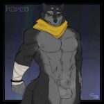 absurd_res animal_genitalia anthro balls bandage bandaged_arm big_balls big_sheath black_sclera blue_eyes bodily_fluids bracelet canid canine canis cerberussenn countershading eye_scar facial_scar fully_sheathed fur genitals grey_body grey_fur haven_blair_(cerberussenn) hi_res jewelry kerchief kerchief_only male mammal mostly_nude muscular muscular_male musk musk_clouds musky_armpit musky_balls neckerchief neckerchief_only nipples pecs pubes scar scarf scars_all_over sheath signature solo sweat tail wolf