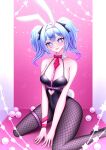  1girl absurdres animal_ears blue_eyes blue_hair bodysuit breasts clothing_cutout fishnet_pantyhose fishnets hair_ornament hatsune_miku heart heart_in_eye highres moovalandi pantyhose pink_background playboy_bunny rabbit_ears rabbit_hair_ornament rabbit_hole_(vocaloid) shy sitting symbol_in_eye twintails 