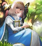  1boy blue_cape blue_eyes blue_robe bug butterfly butterfly_on_hand butterfly_wings cape diamond_hairband fate/grand_order fate_(series) fon-due_(fonfon) fur-trimmed_cape fur_trim grey_hair insect_wings juliet_sleeves long_sleeves looking_at_viewer male_focus oberon_(fate) open_mouth outdoors puffy_sleeves robe shirt solo tree white_shirt wings 