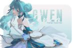 1girl absurdres aqua_dress aqua_eyes aqua_hair asami_okutoshioku backless_dress backless_outfit bare_shoulders bracelet character_name choker cowboy_shot dress drill_hair elbow_gloves finger_to_own_chin gloves gwen_(league_of_legends) hair_ribbon highres jewelry league_of_legends light_smile long_hair looking_at_viewer multicolored_clothes multicolored_dress official_alternate_costume pearl_bracelet prestige_crystal_rose_gwen ribbon solo symbol-shaped_pupils tiara twin_drills white_dress white_gloves 