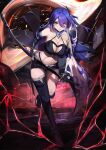  1girl acheron_(honkai:_star_rail) armor asymmetrical_legwear bandaged_arm bandaged_leg bandages belt black_belt black_choker black_gloves black_hole black_shorts boots breasts chain chain_around_arm choker cleavage coat coattails criss-cross_halter detached_sleeves gloves hair_between_eyes hair_ornament halterneck highres holding holding_sheath holding_sword holding_weapon honkai:_star_rail honkai_(series) katana knee_boots large_breasts leg_tattoo looking_at_viewer midorimae midriff navel purple_eyes purple_hair scabbard sheath shorts shoulder_armor single_detached_sleeve single_knee_boot single_thigh_boot solo sword tattoo thigh_boots thighs unsheathing weapon white_coat 