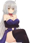  1girl :o absurdres ahoge bangs bare_shoulders black_gloves black_legwear blue_dress blush breasts brown_eyes cleavage collarbone crossed_arms crossed_legs dress eyebrows_visible_through_hair fate/grand_order fate_(series) gloves hank_(spider921) highres jeanne_d&#039;arc_(alter)_(fate) jeanne_d&#039;arc_(fate)_(all) large_breasts long_hair looking_at_viewer navel_cutout neck_ribbon parted_lips red_neckwear red_ribbon ribbon silver_hair sitting solo straight_hair strapless strapless_dress thighhighs v-shaped_eyebrows very_long_hair 