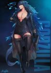  1girl absurdly_long_hair bangs black_bodysuit black_coat black_footwear black_gloves blue_hair bodysuit boots breasts character_name coat collarbone gloves godzilla godzilla_(series) highres hiroki_ree holding_megaphone large_breasts long_hair long_sleeves looking_away messy_hair open_clothes open_coat partial_bodysuit personification sharp_teeth sidelocks signature smoking tail teeth thigh_boots thighhighs very_long_hair yellow_eyes 