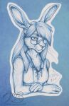  2017 anthro arm_fluff biped black_nose breasts bust_portrait eyebrows eyewear female fluffy glasses graphite_(artwork) guyver47 hair hair_over_eye hare hi_res jen_(resafandrab) lagomorph leporid long_ears long_hair long_whiskers mammal monochrome one_eye_obstructed pencil_(artwork) portrait rabbit rabbit_ears resting sketch sleeveless sleeveless_shirt smile smiling_at_viewer solo traditional_media_(artwork) whiskers 