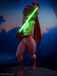  2024 3:4 3d_(artwork) 4_toes 5_fingers absurd_res anthro blue_eyes breasts brown_body brown_fur brown_hair butt digital_media_(artwork) feet female fingers floppy_ears full-length_portrait fur hair hi_res lagomorph leporid lightsaber looking_at_viewer lop_(star_wars_visions) lop_ears mammal maxkore melee_weapon neck_tuft night nipples nude one_eye_obstructed outside portrait pose rabbit signature small_breasts solo standing star_wars star_wars_visions sword tail toes tuft weapon 