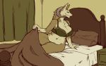  anthro bed bottomless bra breasts clothed clothing female greasymojo hi_res horn inside sergal sitting slightly_chubby solo underwear 