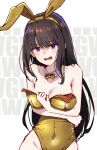  1girl animal_ears black_hair bow bowtie breasts covered_navel crying crying_with_eyes_open detached_collar embarrassed fake_animal_ears frown gold_leotard highres hyoe_(hachiechi) inoue_takina long_hair looking_at_viewer lycoris_recoil medium_breasts playboy_bunny purple_eyes rabbit_ears solo tears wardrobe_malfunction white_background yellow_bow yellow_bowtie 