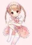  1girl :d bangs blush bow braid brown_background brown_hair chitosezaka_suzu collared_shirt commentary_request dress dress_shirt eyebrows_visible_through_hair frilled_hairband frilled_shirt_collar frills hairband knee_up leg_hug looking_at_viewer no_shoes open_mouth original panties pink_bow pink_dress pink_hairband puffy_short_sleeves puffy_sleeves red_eyes shirt short_sleeves simple_background sitting sleeveless sleeveless_dress smile solo thighhighs twin_braids twintails underwear white_legwear white_panties white_shirt 