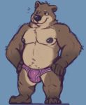  2019 anthro belly blue_background brown_fur bulge clothing fur humanoid_hands male mammal minedoo moobs nipples overweight overweight_male simple_background solo underwear ursid 