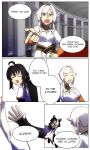  2girls black_hair breasts carpet closed_eyes column cousins dress english_text fate/grand_order fate_(series) highres lazyartlazy12 multicolored_hair multiple_girls open_mouth orange_eyes original pillar speech_bubble white_dress white_hair 