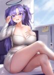  1girl blue_archive blush breasts cleavage crossed_legs dress halo highres large_breasts long_hair looking_at_viewer open_mouth purple_eyes purple_hair sitting solo two_side_up white_dress wookyung yuuka_(blue_archive) 